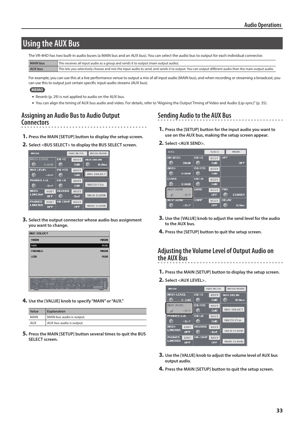 Using the aux bus, Assigning an audio bus to audio output connectors, Sending audio to the aux bus | Audio operations | Roland VR-4HD HD AV Mixer User Manual | Page 33 / 52