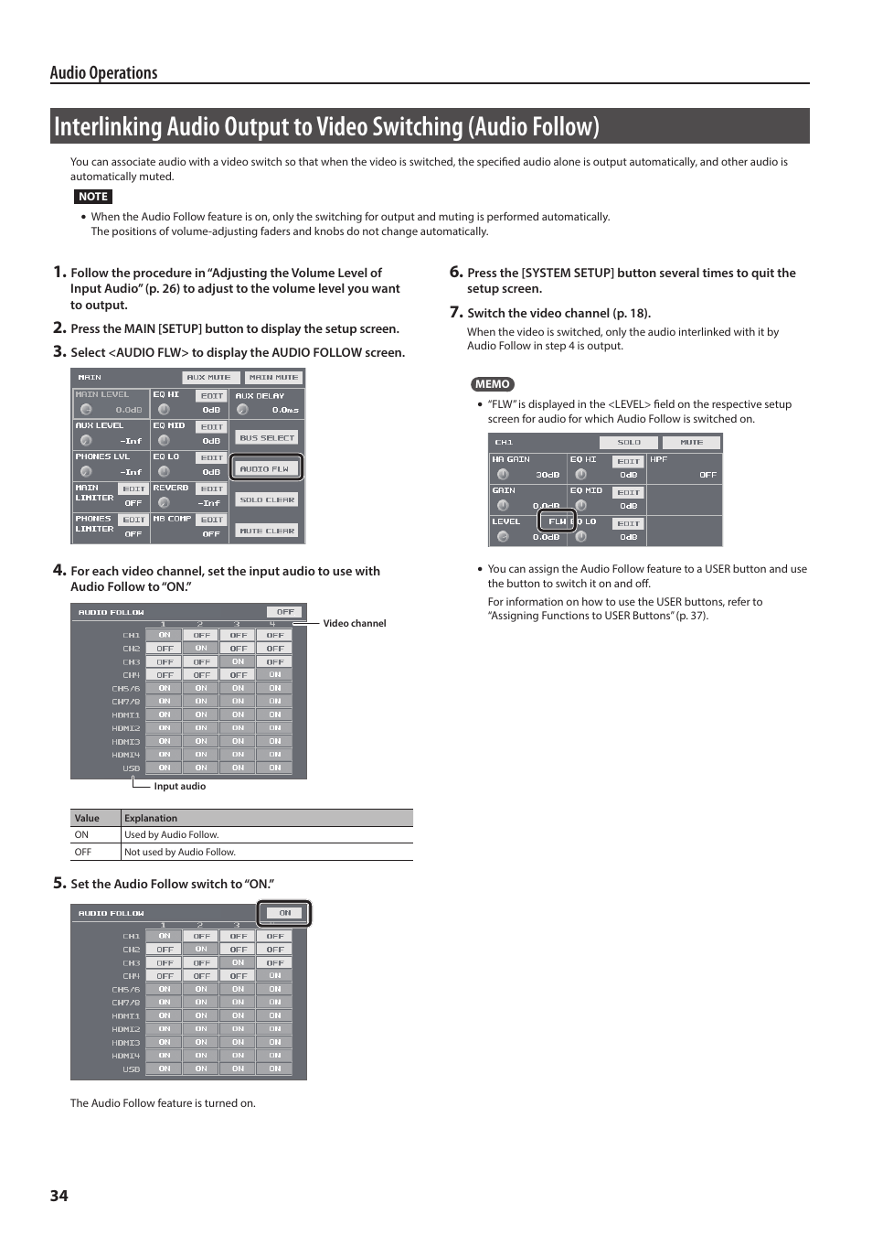 Audio operations | Roland VR-4HD HD AV Mixer User Manual | Page 34 / 52