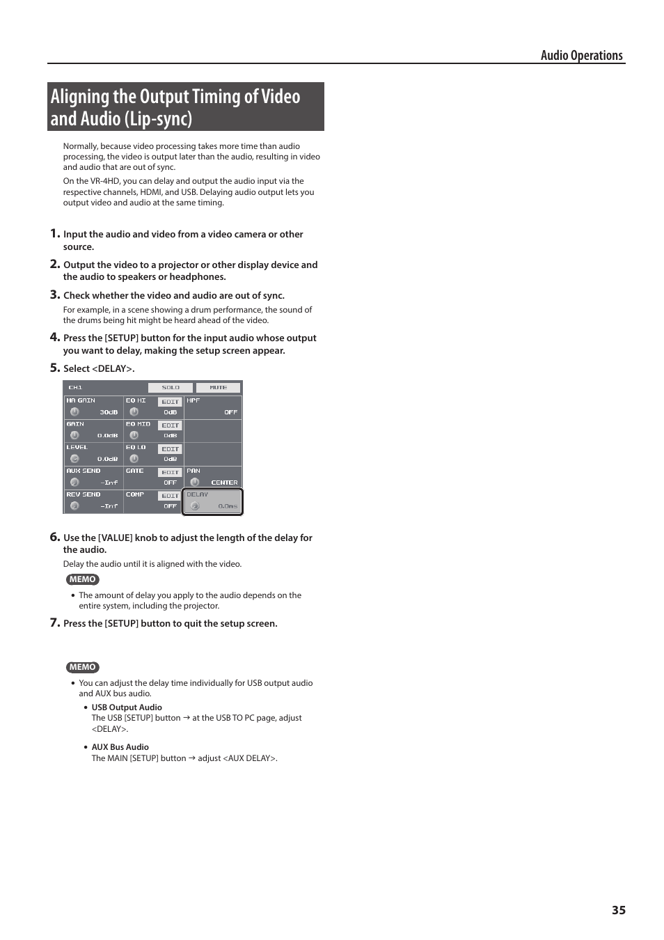 Audio operations | Roland VR-4HD HD AV Mixer User Manual | Page 35 / 52