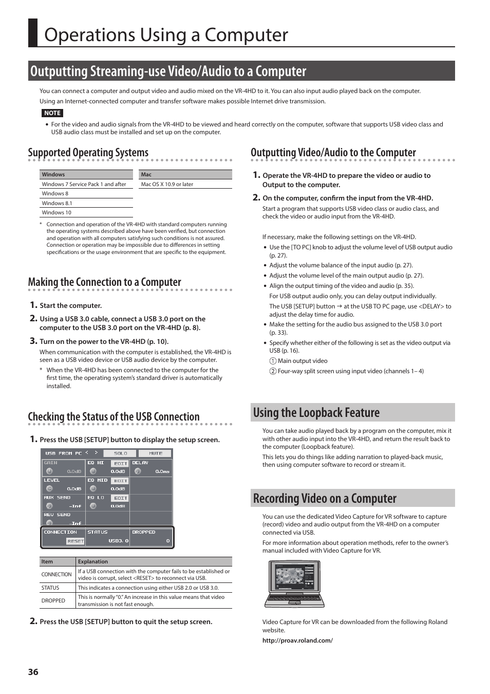 Operations using a computer, Outputting streaming-use video/audio to a computer, Using the loopback feature | Recording video on a computer, Net (p. 36, Supported operating systems, Making the connection to a computer, Checking the status of the usb connection, Outputting video/audio to the computer | Roland VR-4HD HD AV Mixer User Manual | Page 36 / 52