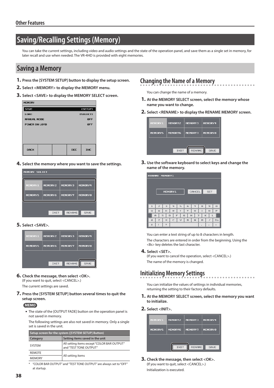 Saving/recalling settings (memory), Saving a memory, P. 38 | Other features | Roland VR-4HD HD AV Mixer User Manual | Page 38 / 52