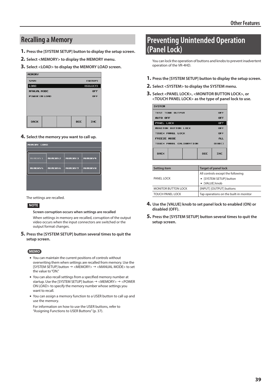 Recalling a memory, Preventing unintended operation (panel lock), Other features | Roland VR-4HD HD AV Mixer User Manual | Page 39 / 52