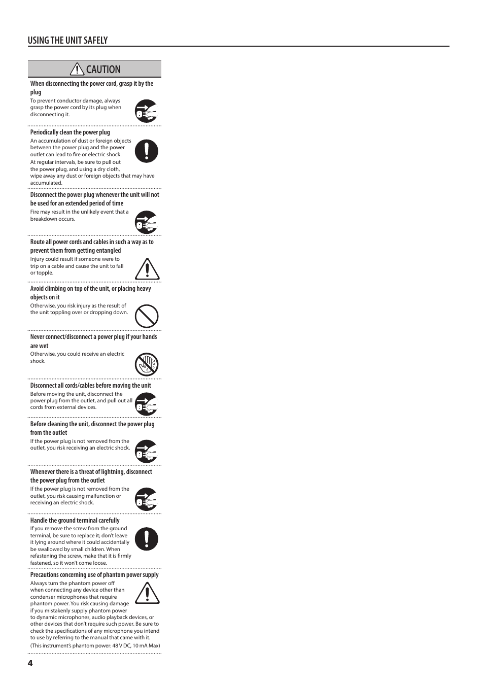 Caution, Using the unit safely | Roland VR-4HD HD AV Mixer User Manual | Page 4 / 52