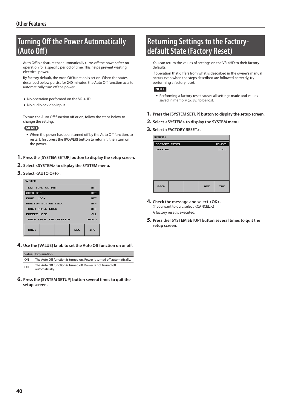 Turning off the power automatically (auto off), Other features | Roland VR-4HD HD AV Mixer User Manual | Page 40 / 52