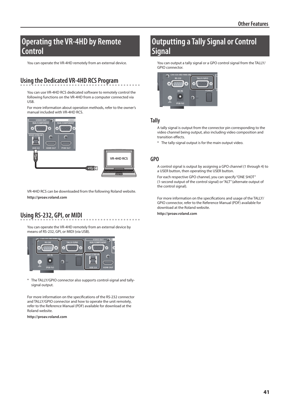 Operating the vr-4hd by remote control, Outputting a tally signal or control signal, Ely (p. 41) | P. 41, Using the dedicated vr-4hd rcs program, Using rs-232, gpi, or midi, Other features, Tally | Roland VR-4HD HD AV Mixer User Manual | Page 41 / 52