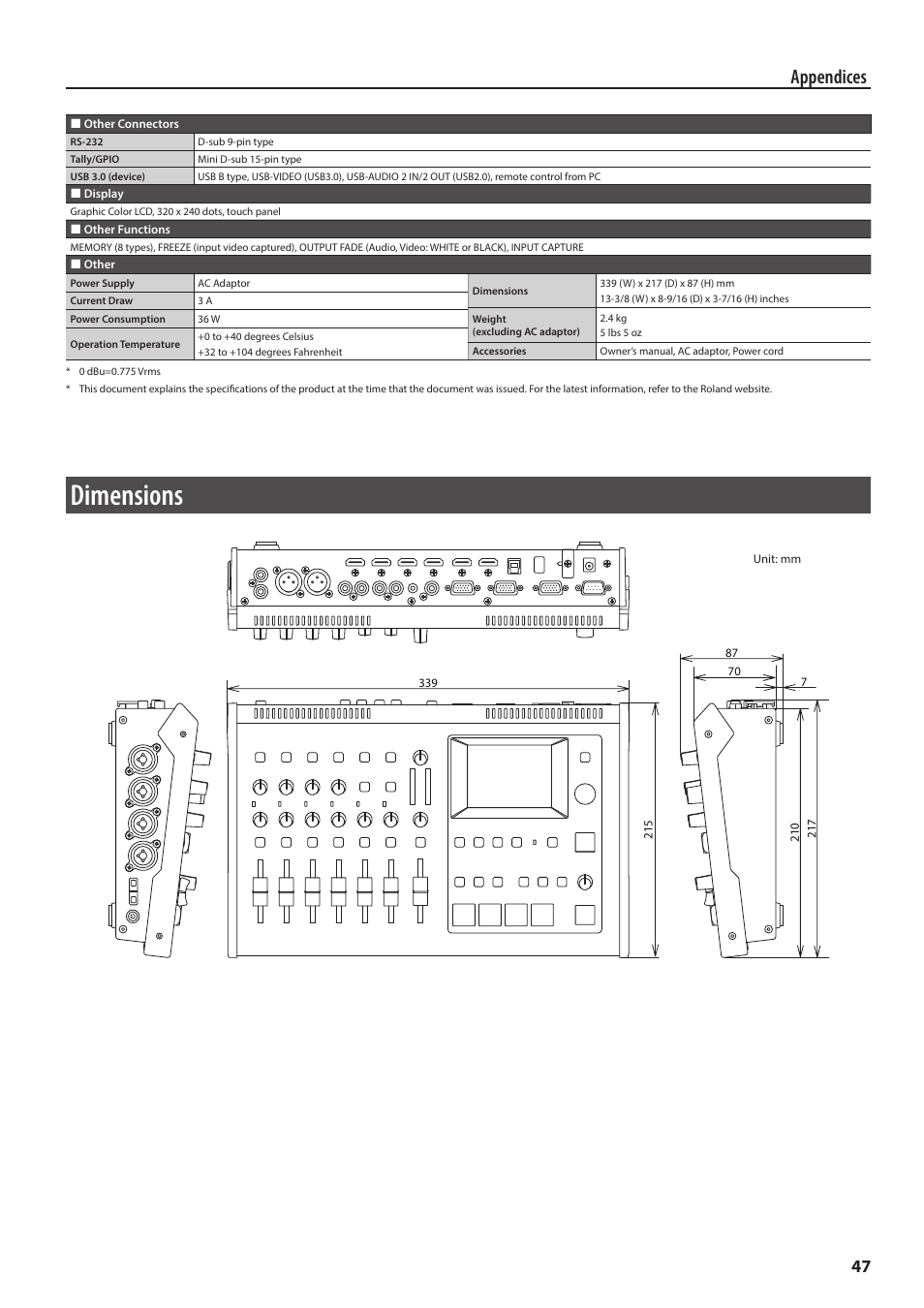 Dimensions, Appendices | Roland VR-4HD HD AV Mixer User Manual | Page 47 / 52