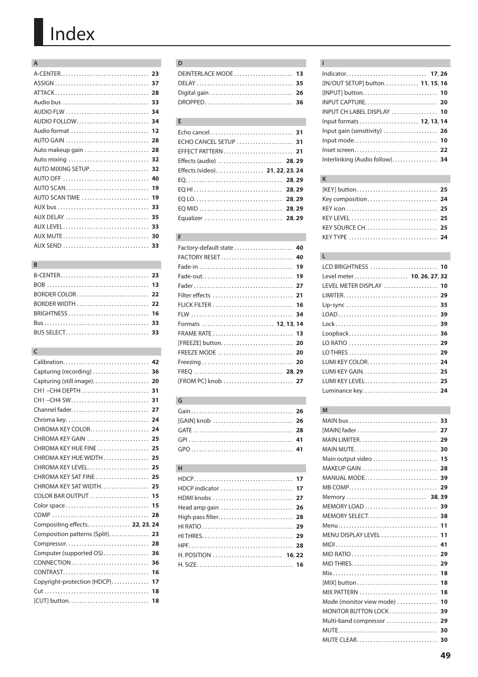 Index | Roland VR-4HD HD AV Mixer User Manual | Page 49 / 52