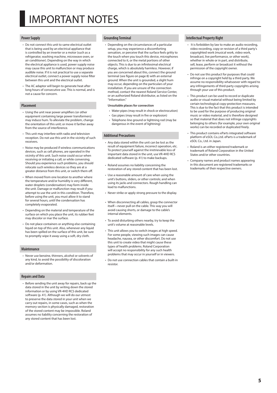 Important notes, And “important notes” (p. 5). a | Roland VR-4HD HD AV Mixer User Manual | Page 5 / 52