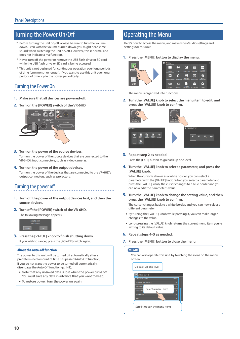 Turning the power on/off, Operating the menu, Turning the power on | Turning the power off, Panel descriptions | Roland VR-6HD Direct Streaming AV Mixer User Manual | Page 10 / 148