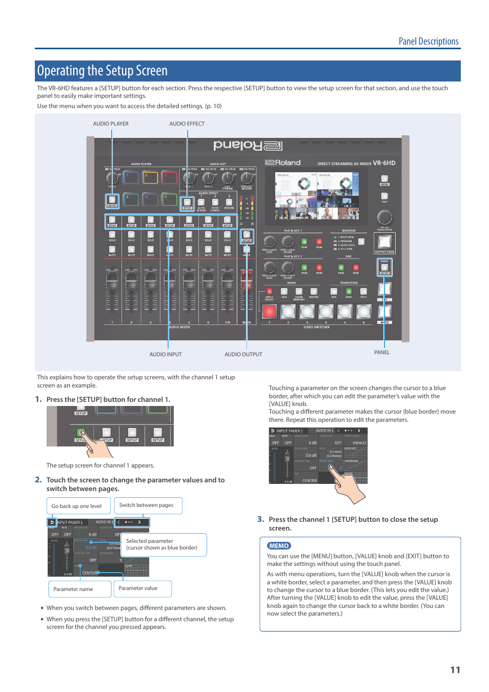 Operating the setup screen, Panel descriptions | Roland VR-6HD Direct Streaming AV Mixer User Manual | Page 11 / 148