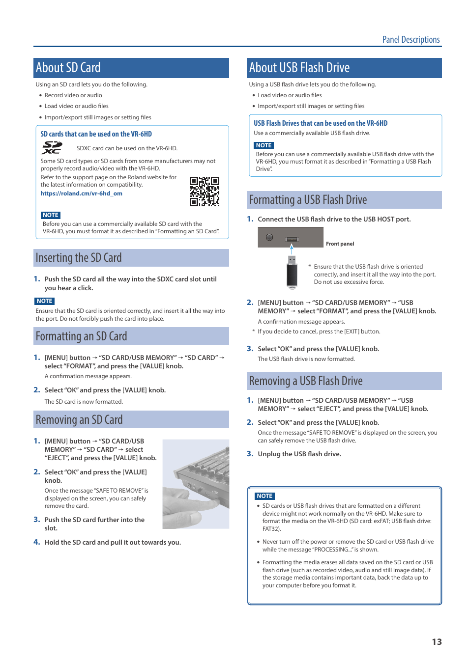 About sd card, Inserting the sd card, Formatting an sd card | Removing an sd card, About usb flash drive, Formatting a usb flash drive, Removing a usb flash drive, Panel descriptions | Roland VR-6HD Direct Streaming AV Mixer User Manual | Page 13 / 148