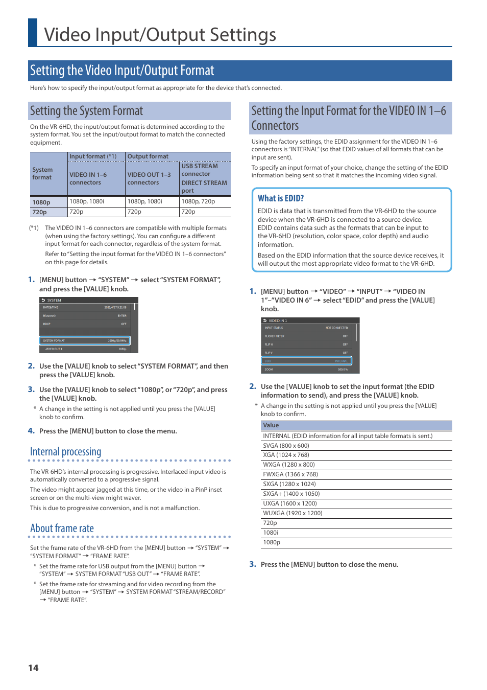 Video input/output settings, Setting the video input/output format, Setting the system format | Internal processing, About frame rate, What is edid | Roland VR-6HD Direct Streaming AV Mixer User Manual | Page 14 / 148