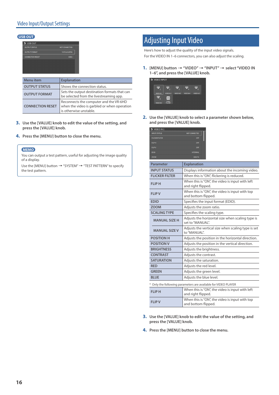 Adjusting input video, Video input/output settings | Roland VR-6HD Direct Streaming AV Mixer User Manual | Page 16 / 148