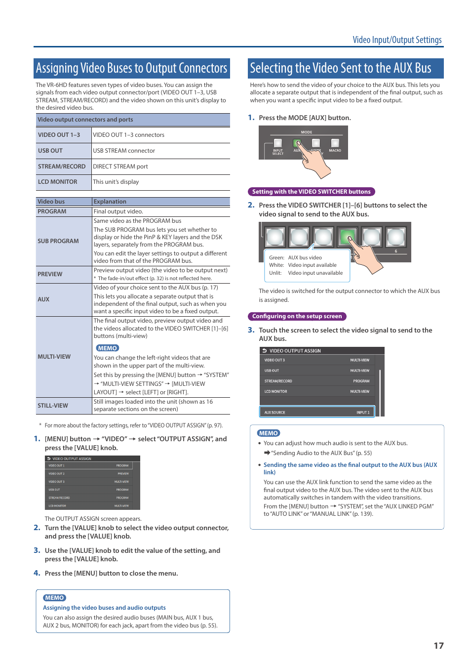 Assigning video buses to output connectors, Selecting the video sent to the aux bus, Video input/output settings | Roland VR-6HD Direct Streaming AV Mixer User Manual | Page 17 / 148