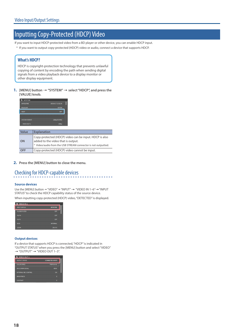 Inputting copy-protected (hdcp) video, Checking for hdcp-capable devices, Video input/output settings | What’s hdcp | Roland VR-6HD Direct Streaming AV Mixer User Manual | Page 18 / 148