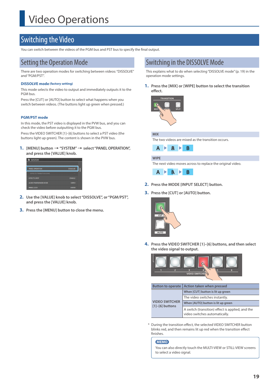 Video operations, Switching the video, Setting the operation mode | Switching in the dissolve mode | Roland VR-6HD Direct Streaming AV Mixer User Manual | Page 19 / 148