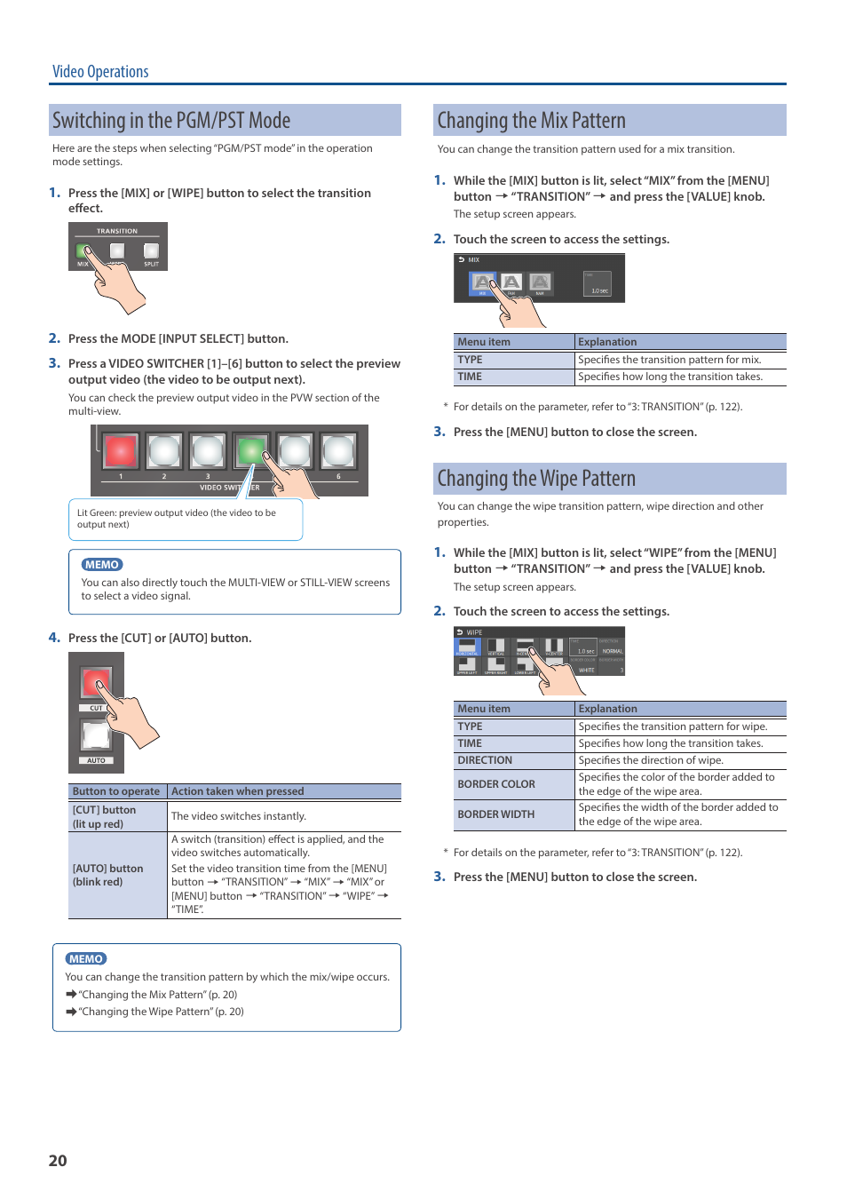 Switching in the pgm/pst mode, Changing the mix pattern, Changing the wipe pattern | Video operations | Roland VR-6HD Direct Streaming AV Mixer User Manual | Page 20 / 148