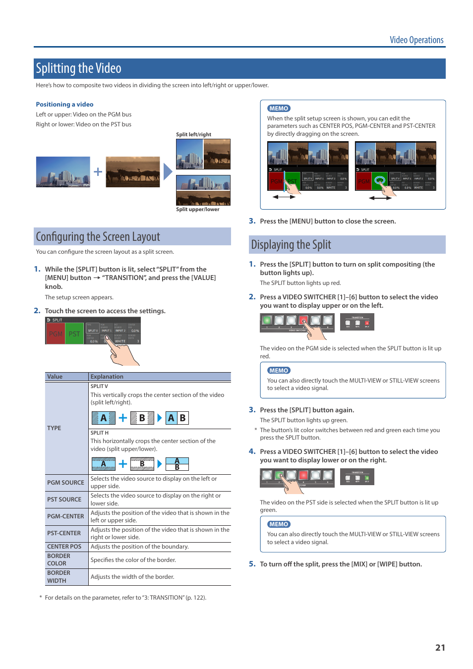 Splitting the video, Configuring the screen layout, Displaying the split | Video operations, A b a b | Roland VR-6HD Direct Streaming AV Mixer User Manual | Page 21 / 148