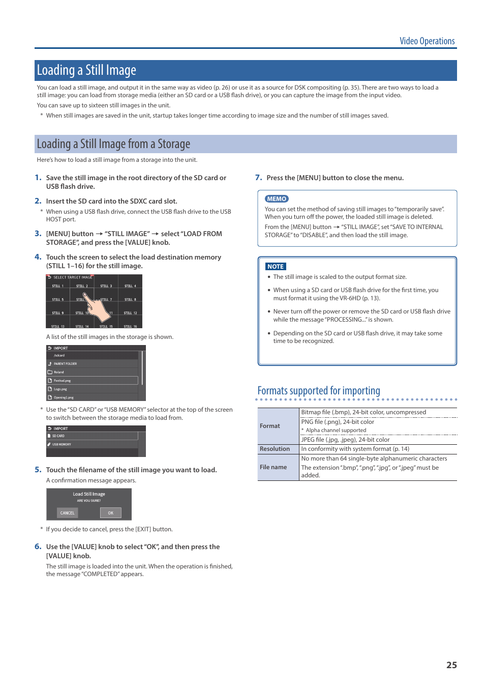 Loading a still image, Loading a still image from a storage, Formats supported for importing | Video operations | Roland VR-6HD Direct Streaming AV Mixer User Manual | Page 25 / 148