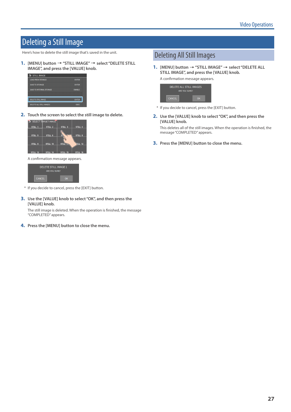 Deleting a still image, Deleting all still images, Video operations | Roland VR-6HD Direct Streaming AV Mixer User Manual | Page 27 / 148