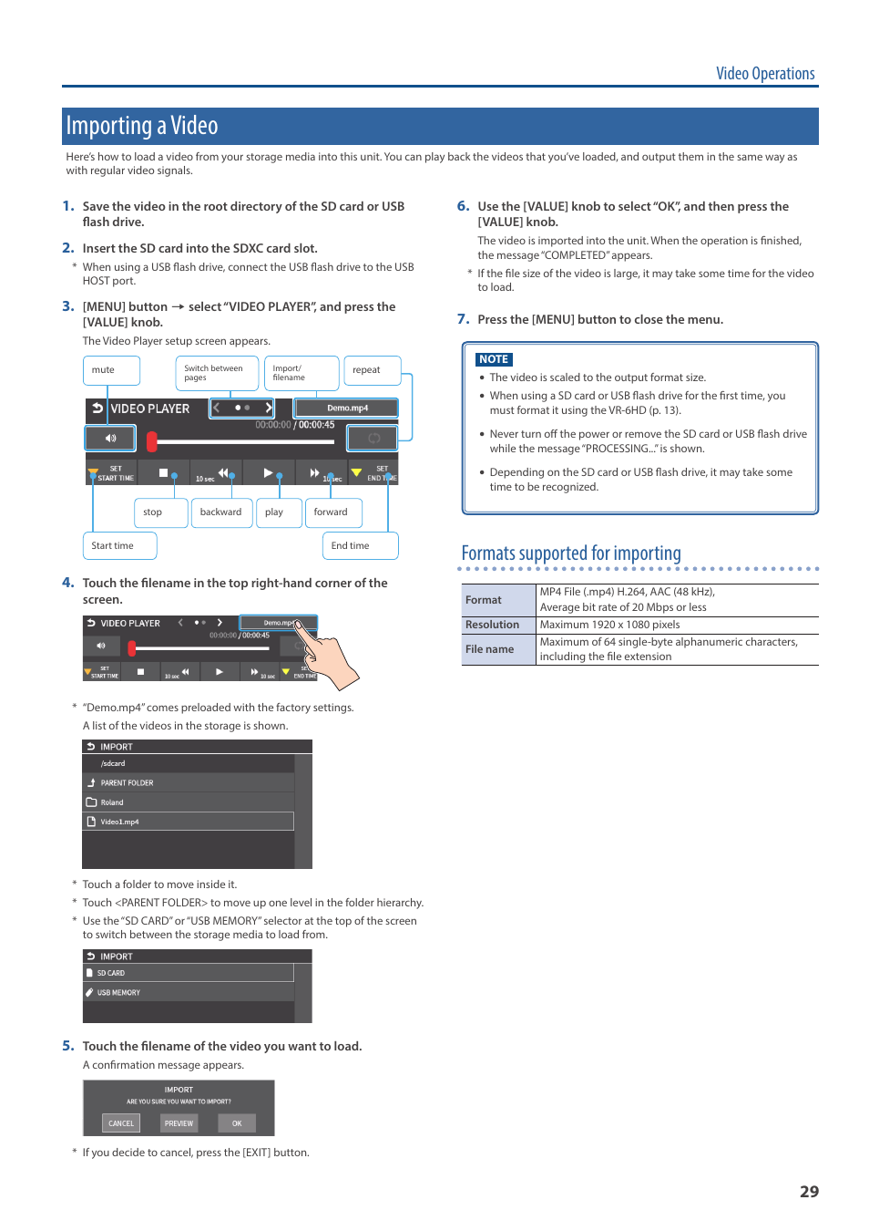 Importing a video, Formats supported for importing, Video operations | Roland VR-6HD Direct Streaming AV Mixer User Manual | Page 29 / 148