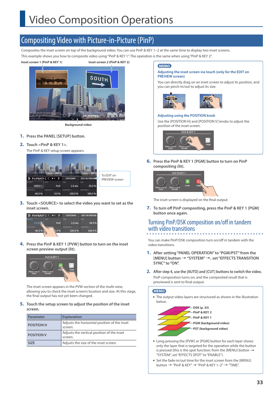 Video composition operations, Compositing video with picture-in-picture (pinp) | Roland VR-6HD Direct Streaming AV Mixer User Manual | Page 33 / 148