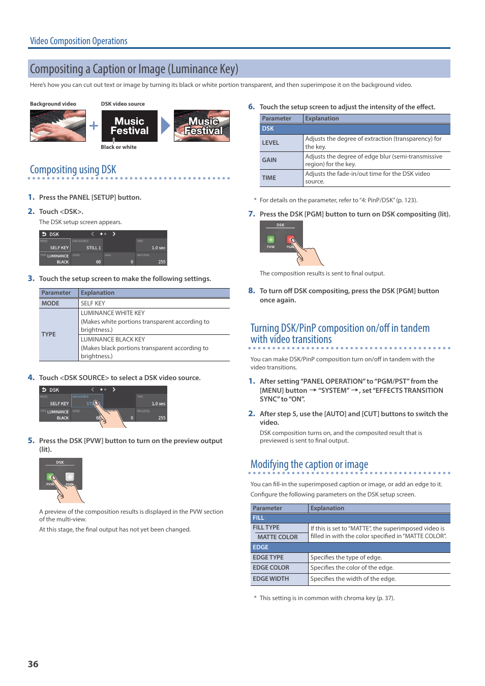 Compositing a caption or image (luminance key), Y (p . 36), Compositing using dsk | Modifying the caption or image, Video composition operations | Roland VR-6HD Direct Streaming AV Mixer User Manual | Page 36 / 148