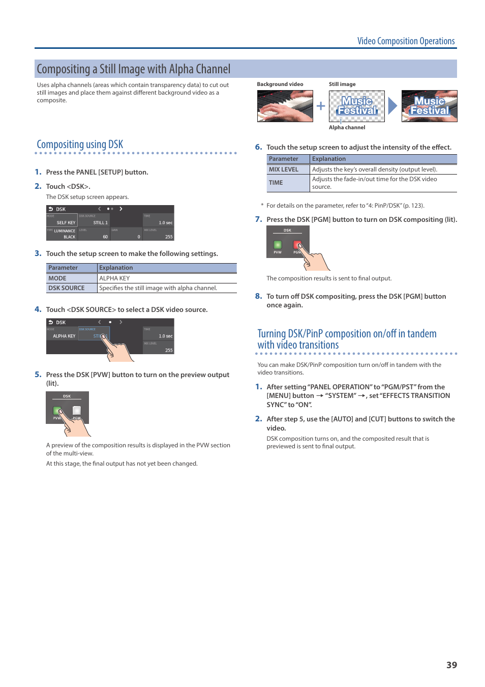 Compositing a still image with alpha channel, Y (p . 39), Compositing using dsk | Video composition operations | Roland VR-6HD Direct Streaming AV Mixer User Manual | Page 39 / 148