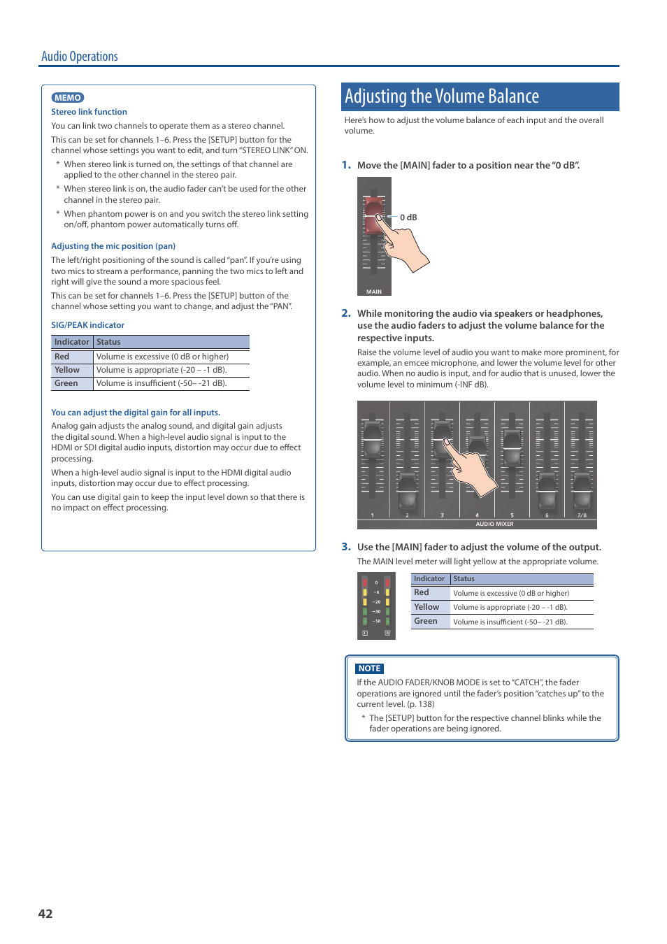 Adjusting the volume balance, Audio operations | Roland VR-6HD Direct Streaming AV Mixer User Manual | Page 42 / 148