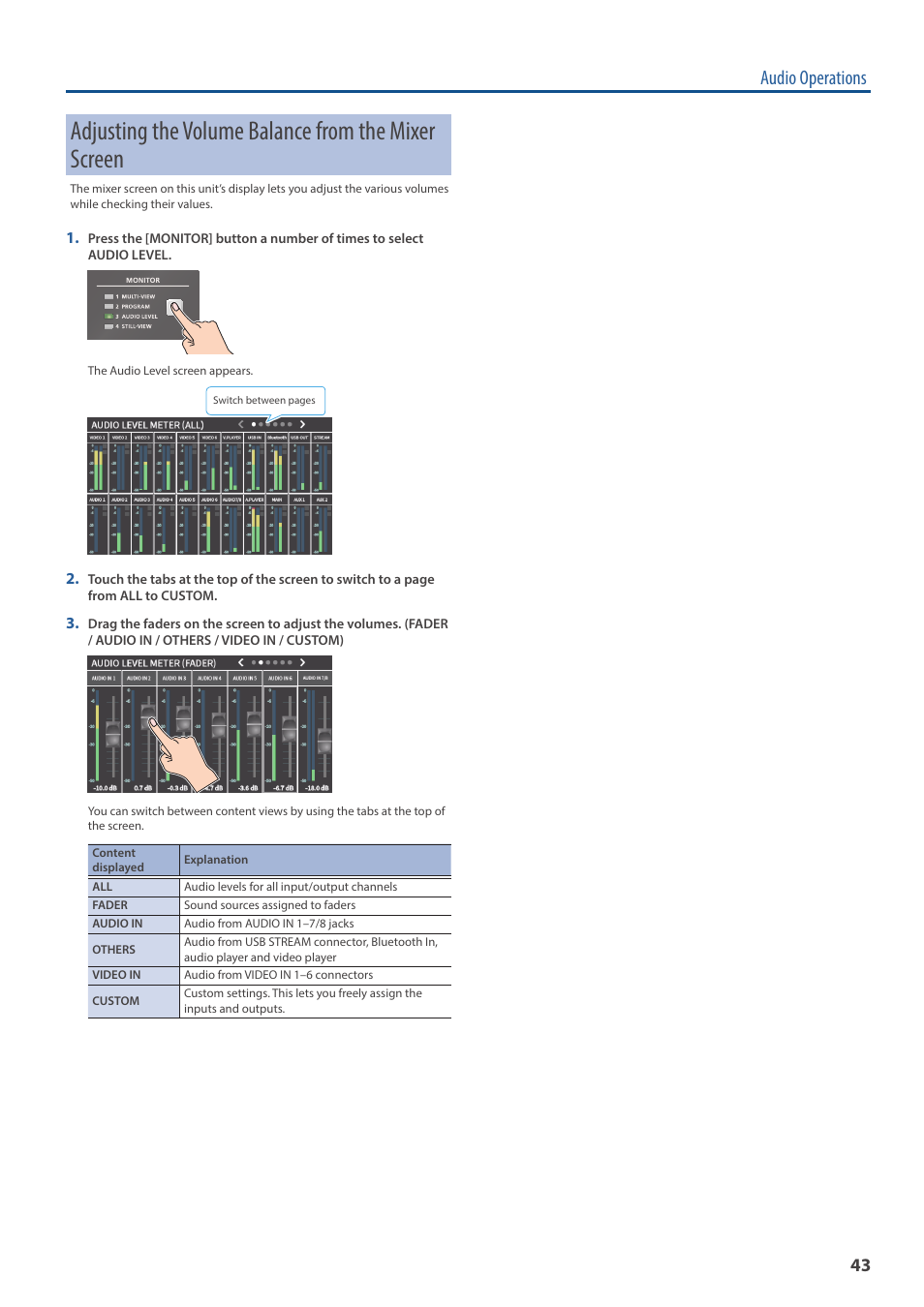 Adjusting the volume balance from the mixer screen, Audio operations | Roland VR-6HD Direct Streaming AV Mixer User Manual | Page 43 / 148