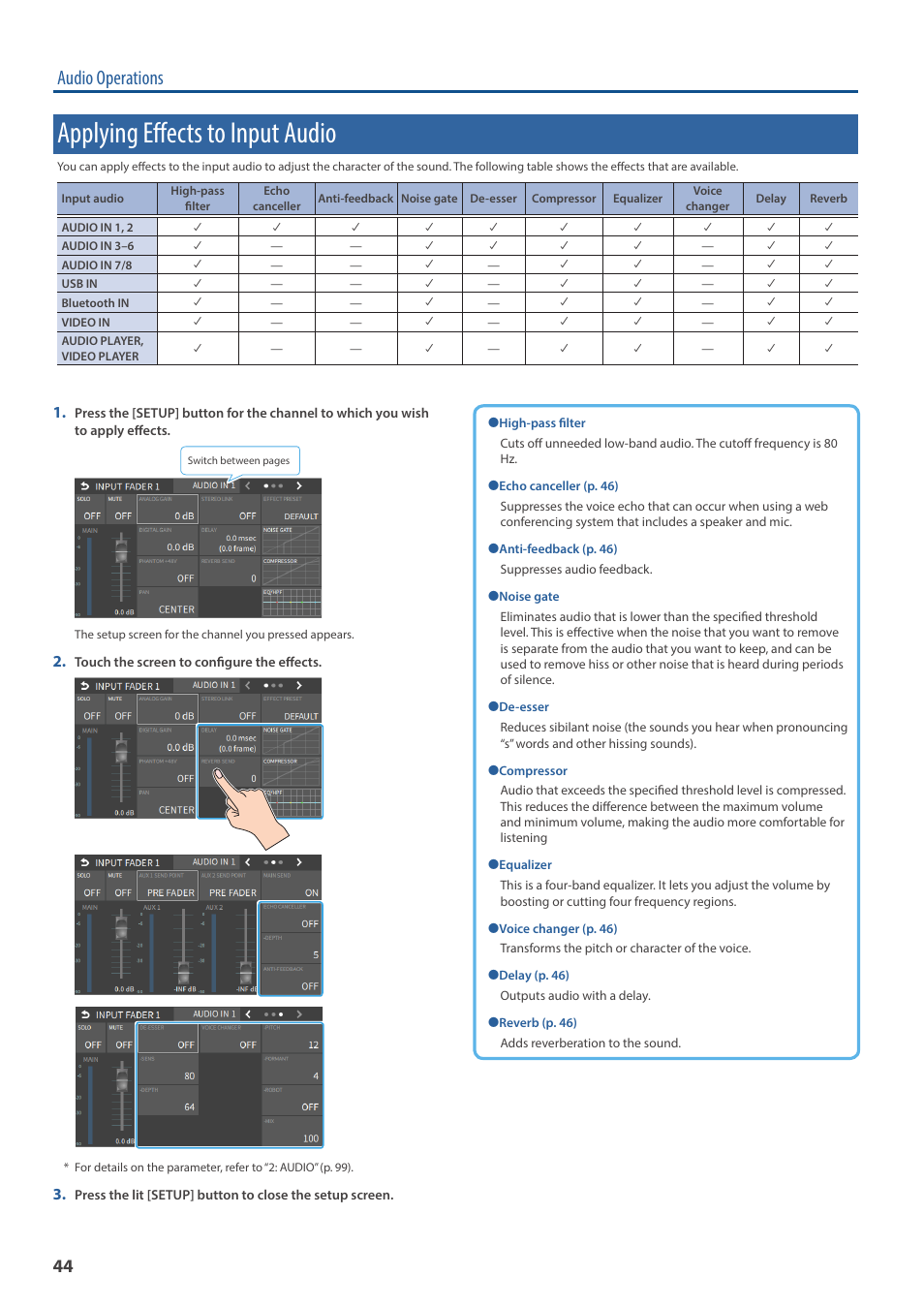 Applying effects to input audio, Audio operations | Roland VR-6HD Direct Streaming AV Mixer User Manual | Page 44 / 148