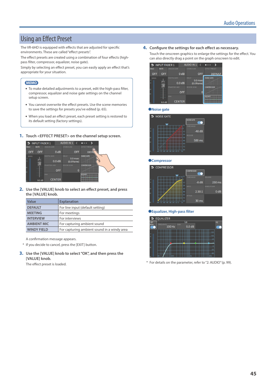 Using an effect preset, Audio operations | Roland VR-6HD Direct Streaming AV Mixer User Manual | Page 45 / 148