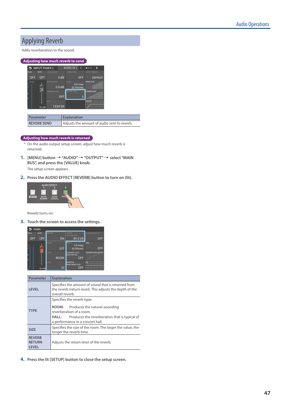 Applying reverb, Audio operations | Roland VR-6HD Direct Streaming AV Mixer User Manual | Page 47 / 148