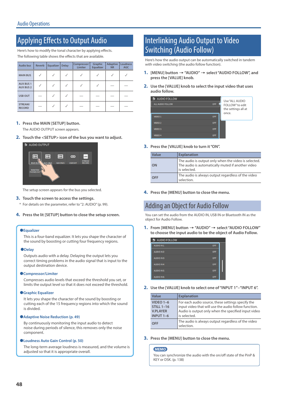 Applying effects to output audio, Adding an object for audio follow, Audio operations | Roland VR-6HD Direct Streaming AV Mixer User Manual | Page 48 / 148