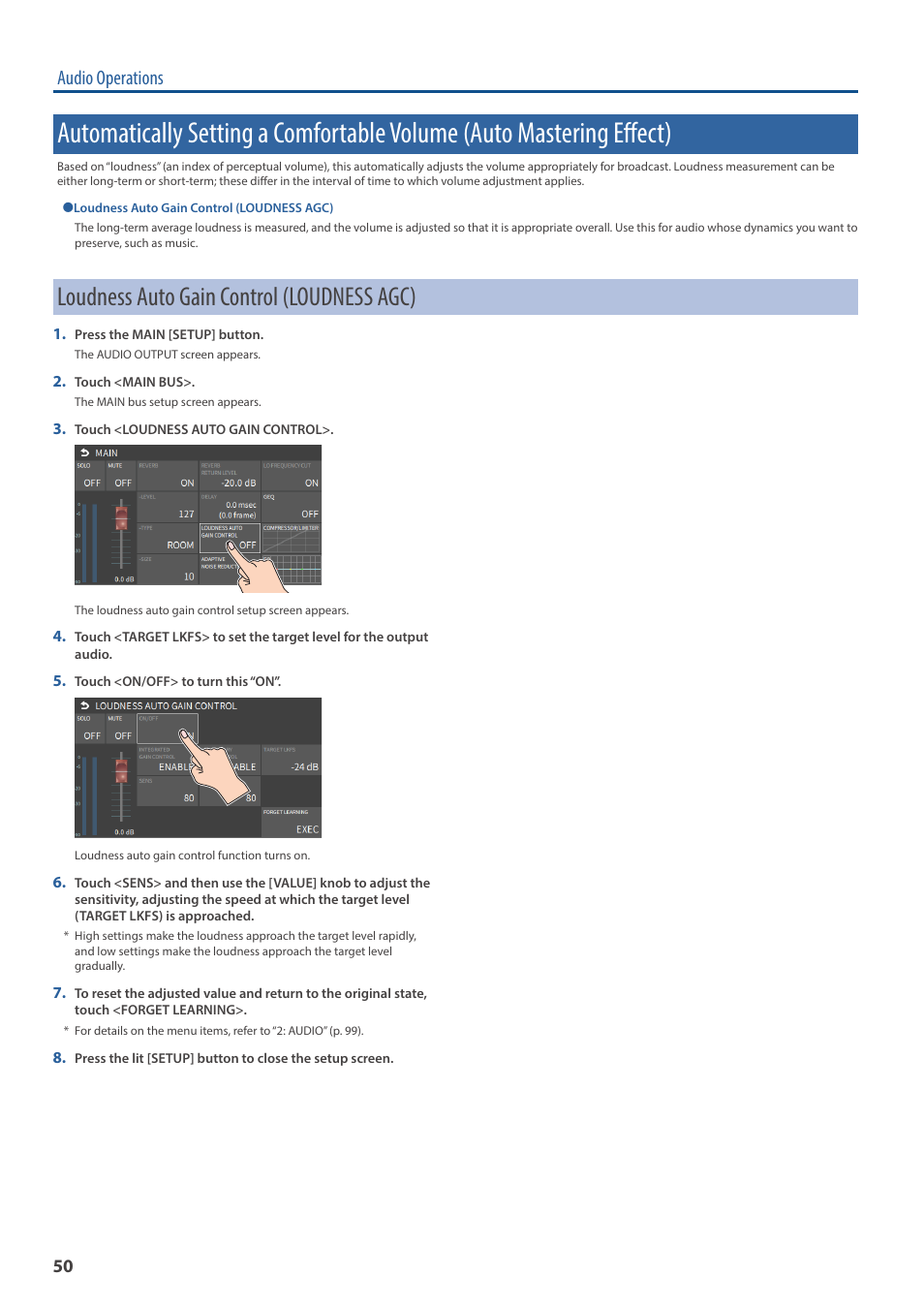 Loudness auto gain control (loudness agc), Automatically setting a comfortable volume (auto, Mastering effect) | Ol (p. 50), Audio operations | Roland VR-6HD Direct Streaming AV Mixer User Manual | Page 50 / 148