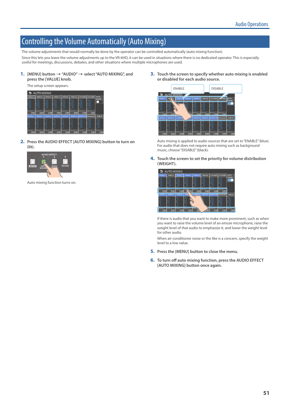 Controlling the volume automatically (auto mixing), Audio operations | Roland VR-6HD Direct Streaming AV Mixer User Manual | Page 51 / 148