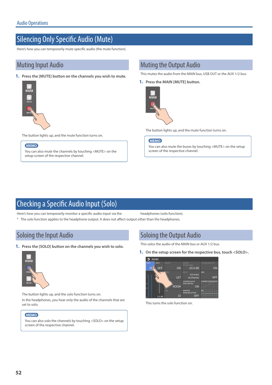 Silencing only specific audio (mute), Muting input audio, Muting the output audio | Checking a specific audio input (solo), Soloing the input audio, Soloing the output audio, Audio operations | Roland VR-6HD Direct Streaming AV Mixer User Manual | Page 52 / 148