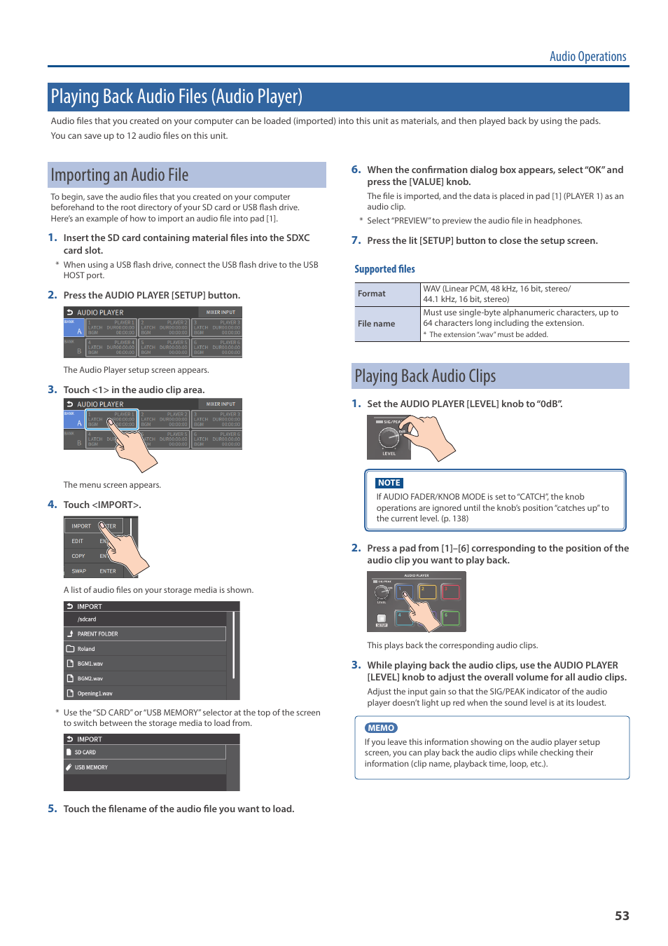 Playing back audio files (audio player), Importing an audio file, Playing back audio clips | Audio operations | Roland VR-6HD Direct Streaming AV Mixer User Manual | Page 53 / 148