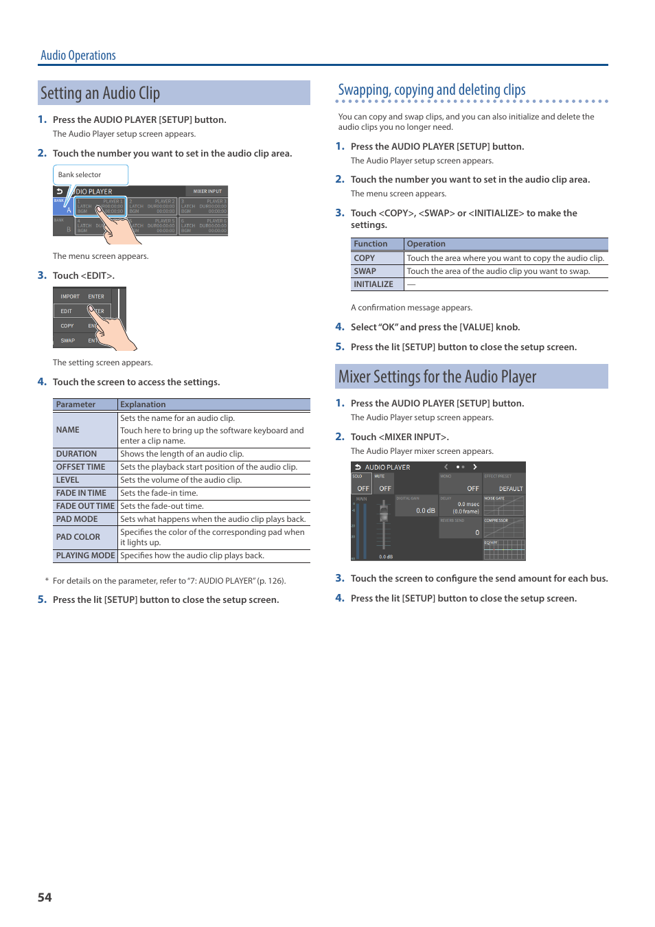 Setting an audio clip, Mixer settings for the audio player, Swapping, copying and deleting clips | Audio operations | Roland VR-6HD Direct Streaming AV Mixer User Manual | Page 54 / 148