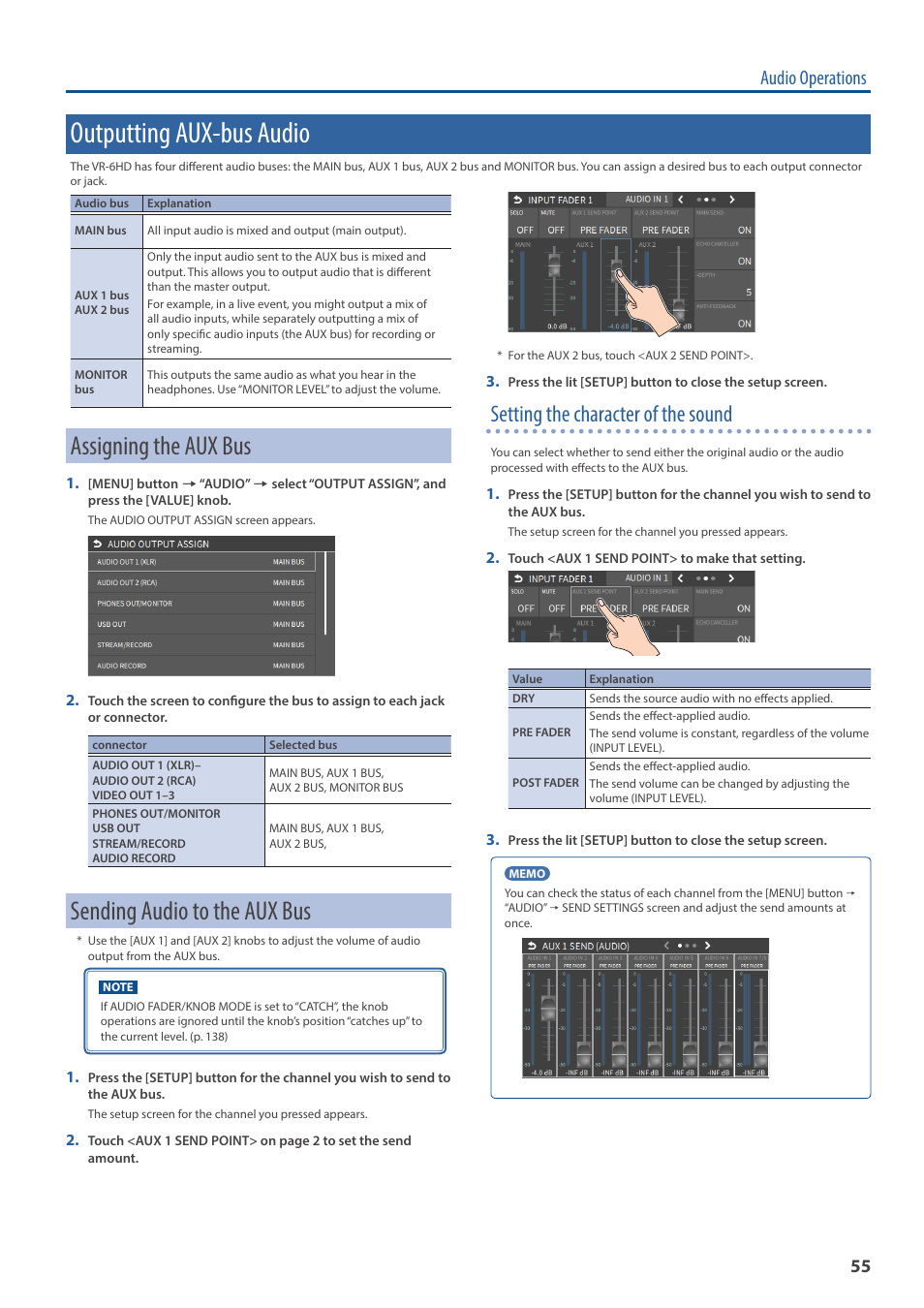 Outputting aux-bus audio, Assigning the aux bus, Sending audio to the aux bus | Om the video bus (p. 55), Sending audio to the aux bus” (p. 55), Setting the character of the sound, Audio operations | Roland VR-6HD Direct Streaming AV Mixer User Manual | Page 55 / 148