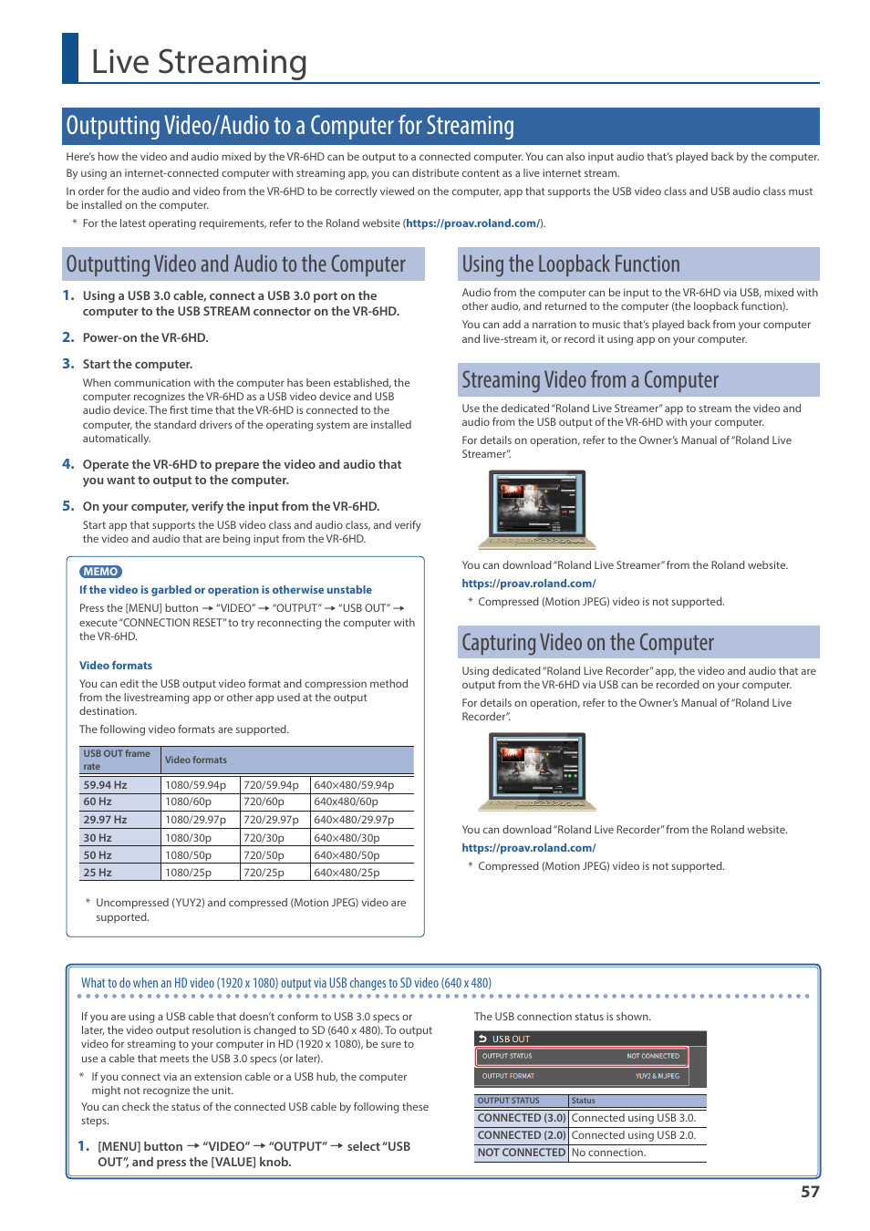 Live streaming, Outputting video/audio to a computer for streaming, Outputting video and audio to the computer | Using the loopback function, Streaming video from a computer, Capturing video on the computer | Roland VR-6HD Direct Streaming AV Mixer User Manual | Page 57 / 148