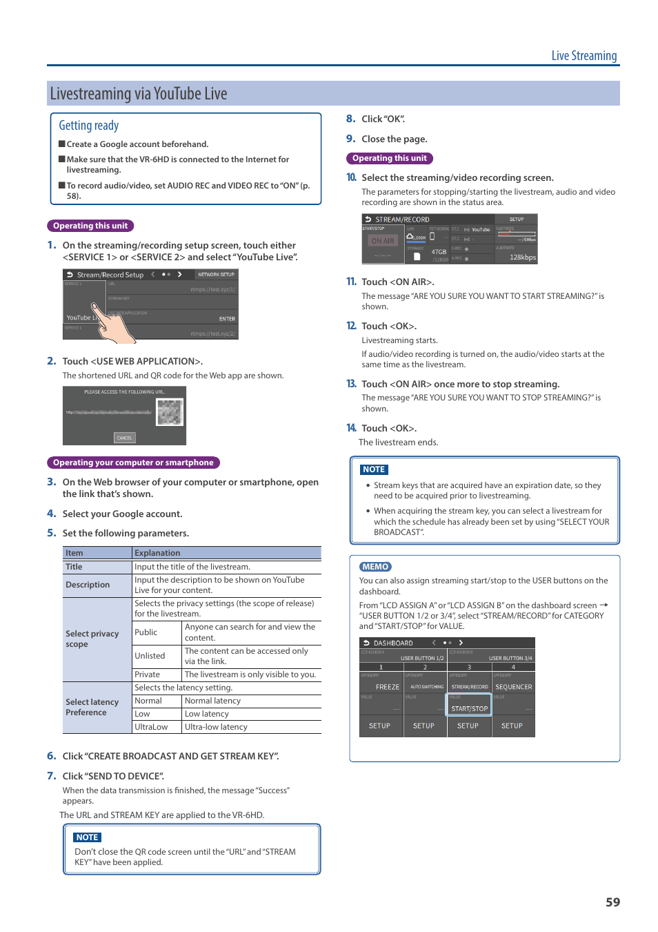 Livestreaming via youtube live, Live streaming, Getting ready | Roland VR-6HD Direct Streaming AV Mixer User Manual | Page 59 / 148