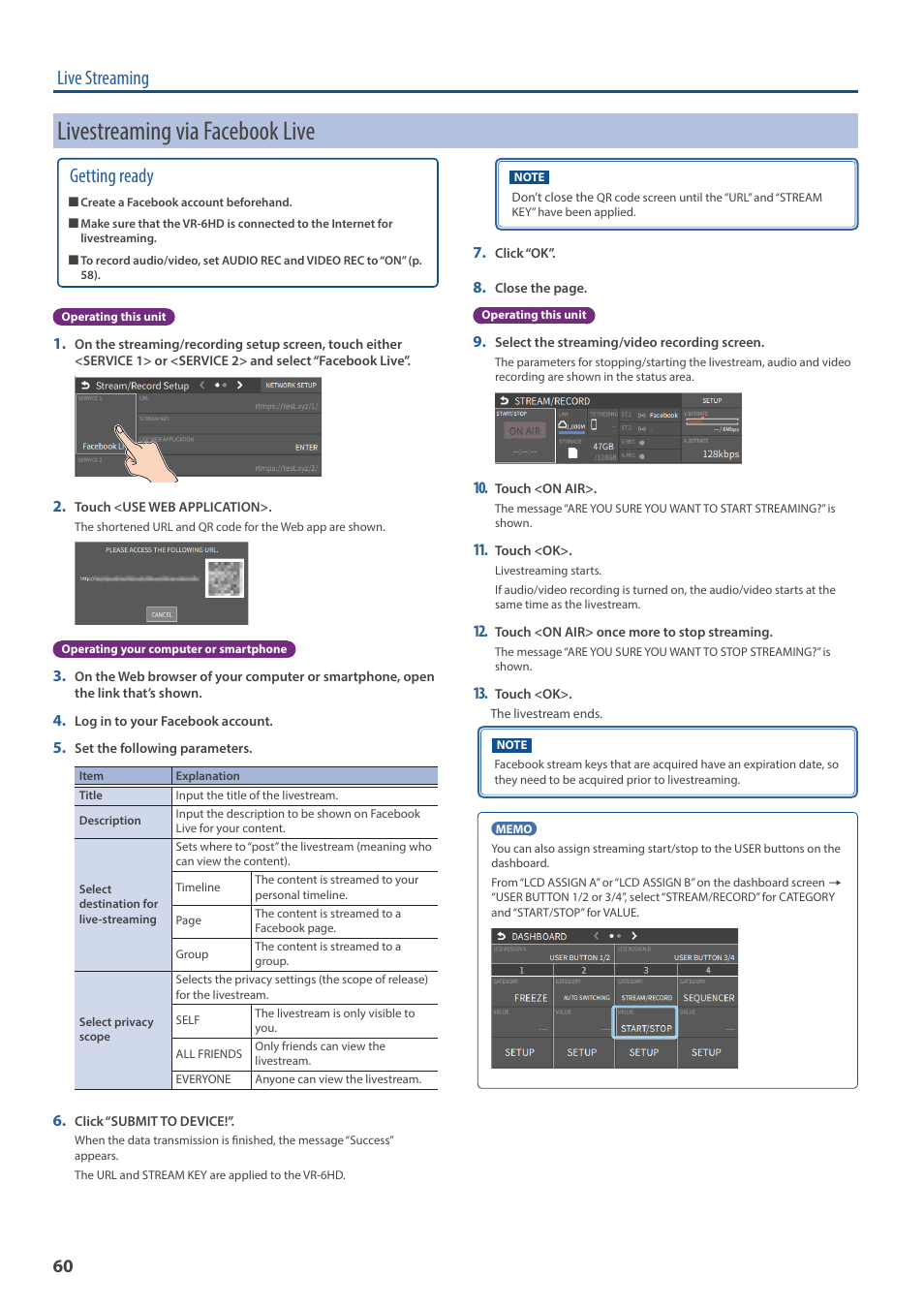 Livestreaming via facebook live, Live streaming, Getting ready | Roland VR-6HD Direct Streaming AV Mixer User Manual | Page 60 / 148