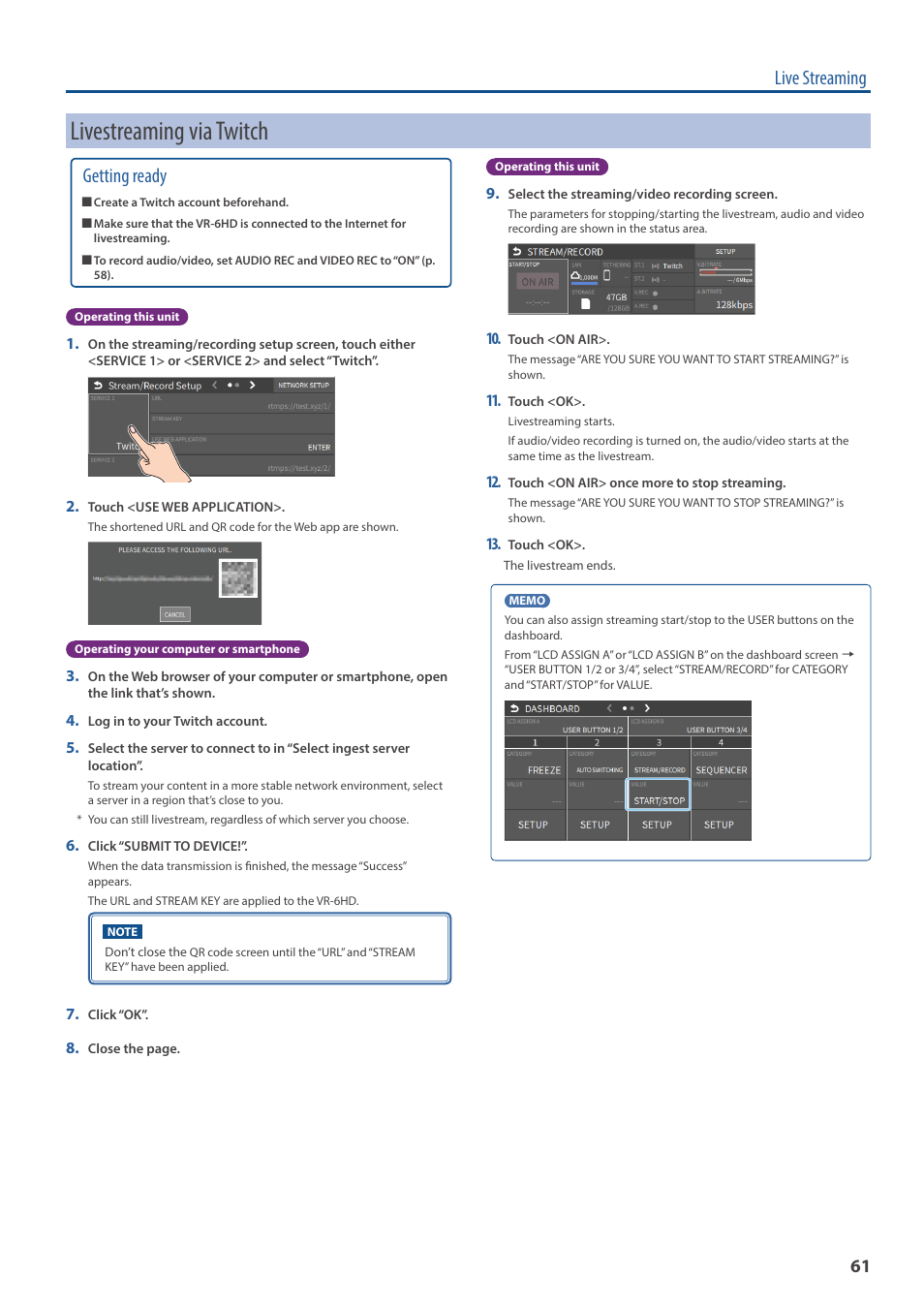 Livestreaming via twitch, Live streaming, Getting ready | Roland VR-6HD Direct Streaming AV Mixer User Manual | Page 61 / 148