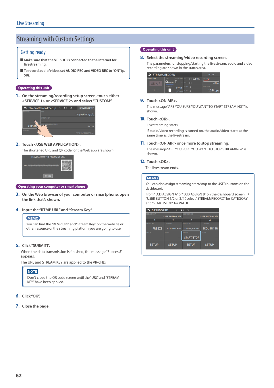 Streaming with custom settings, Live streaming, Getting ready | Roland VR-6HD Direct Streaming AV Mixer User Manual | Page 62 / 148