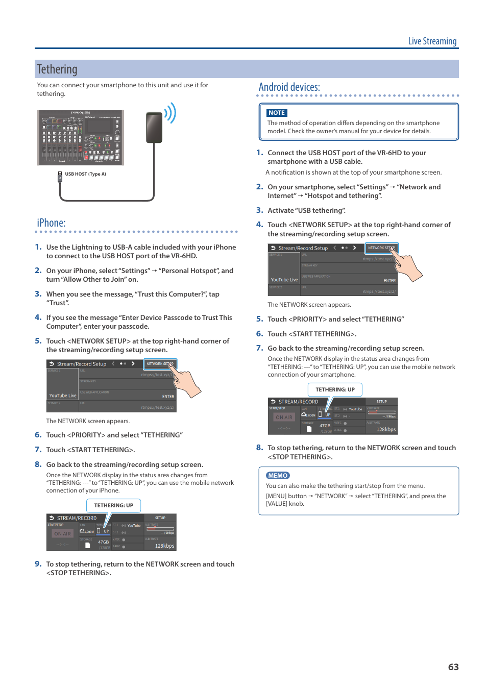 Tethering, Iphone, Android devices | Live streaming | Roland VR-6HD Direct Streaming AV Mixer User Manual | Page 63 / 148