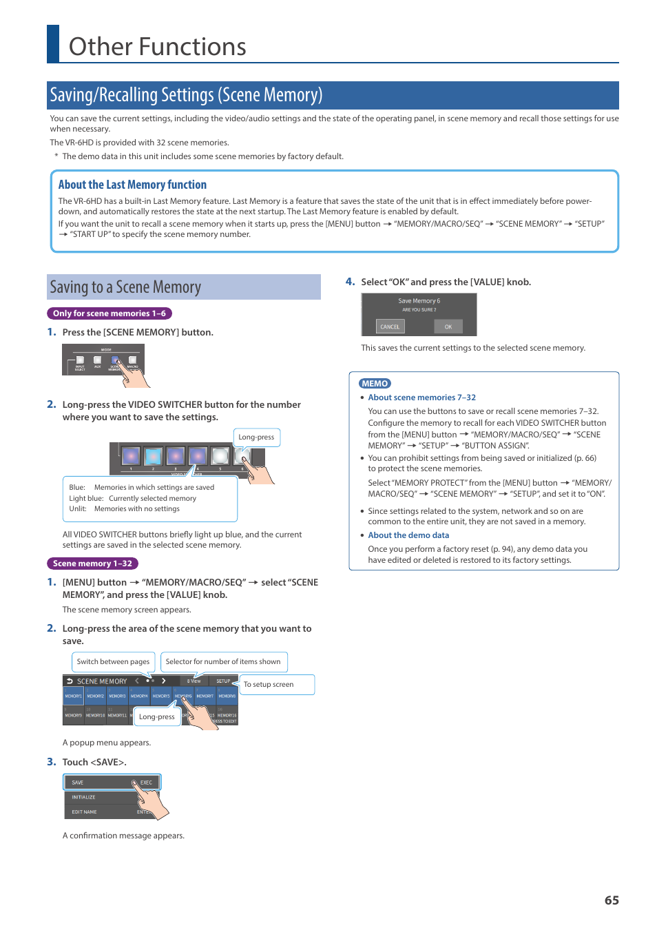 Other functions, Saving/recalling settings (scene memory), Saving to a scene memory | Roland VR-6HD Direct Streaming AV Mixer User Manual | Page 65 / 148