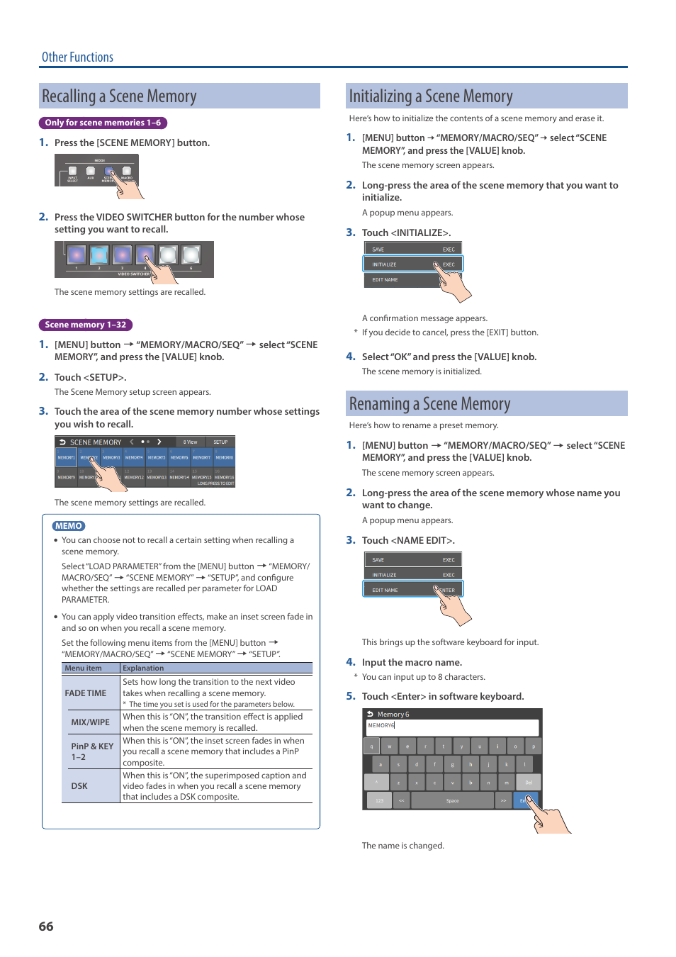 Recalling a scene memory, Initializing a scene memory, Renaming a scene memory | Other functions | Roland VR-6HD Direct Streaming AV Mixer User Manual | Page 66 / 148