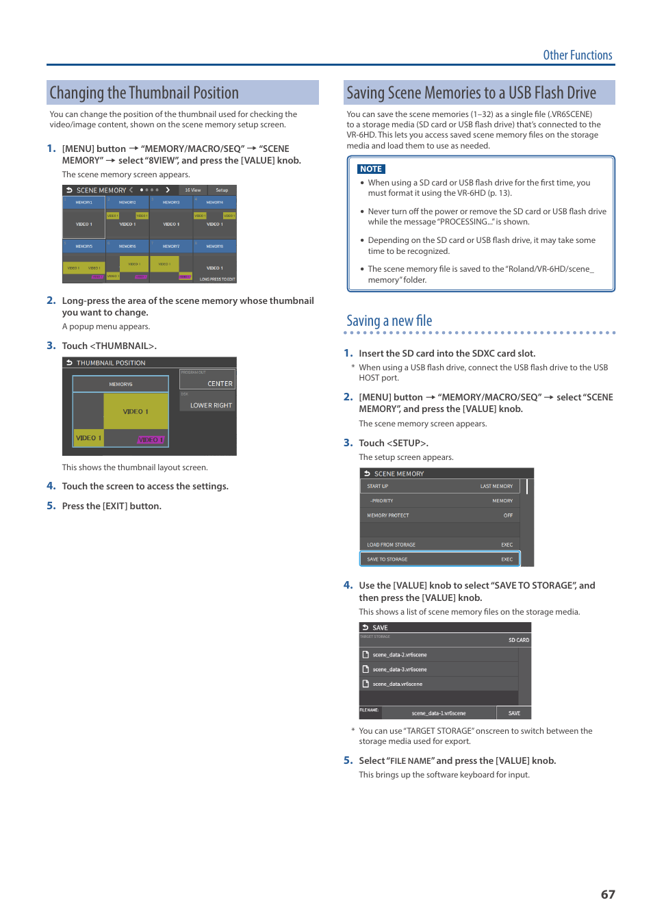 Changing the thumbnail position, Saving scene memories to a usb flash drive, Saving a new file | Other functions | Roland VR-6HD Direct Streaming AV Mixer User Manual | Page 67 / 148