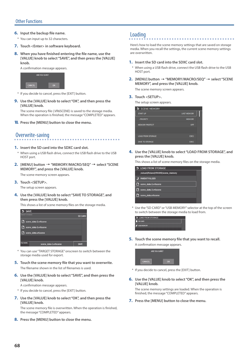 Overwrite-saving, Loading, Other functions | Roland VR-6HD Direct Streaming AV Mixer User Manual | Page 68 / 148